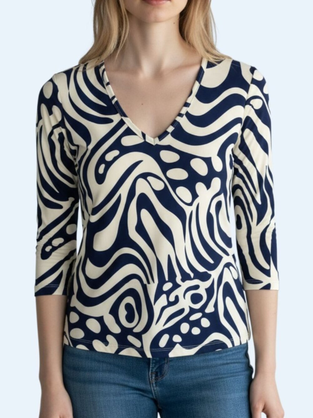 J McLaughlin Womens Top XS Navy Cream Marble Print V Neck 3/4 Sleeve Stretch